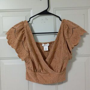 Urban Romantics Women Eyelet Flutter Sleeve Crop Top S Smocked Back Cottagecore